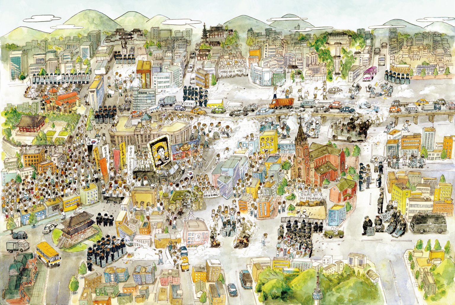 Drawing of The Jun 10 Uprising in Seoul
