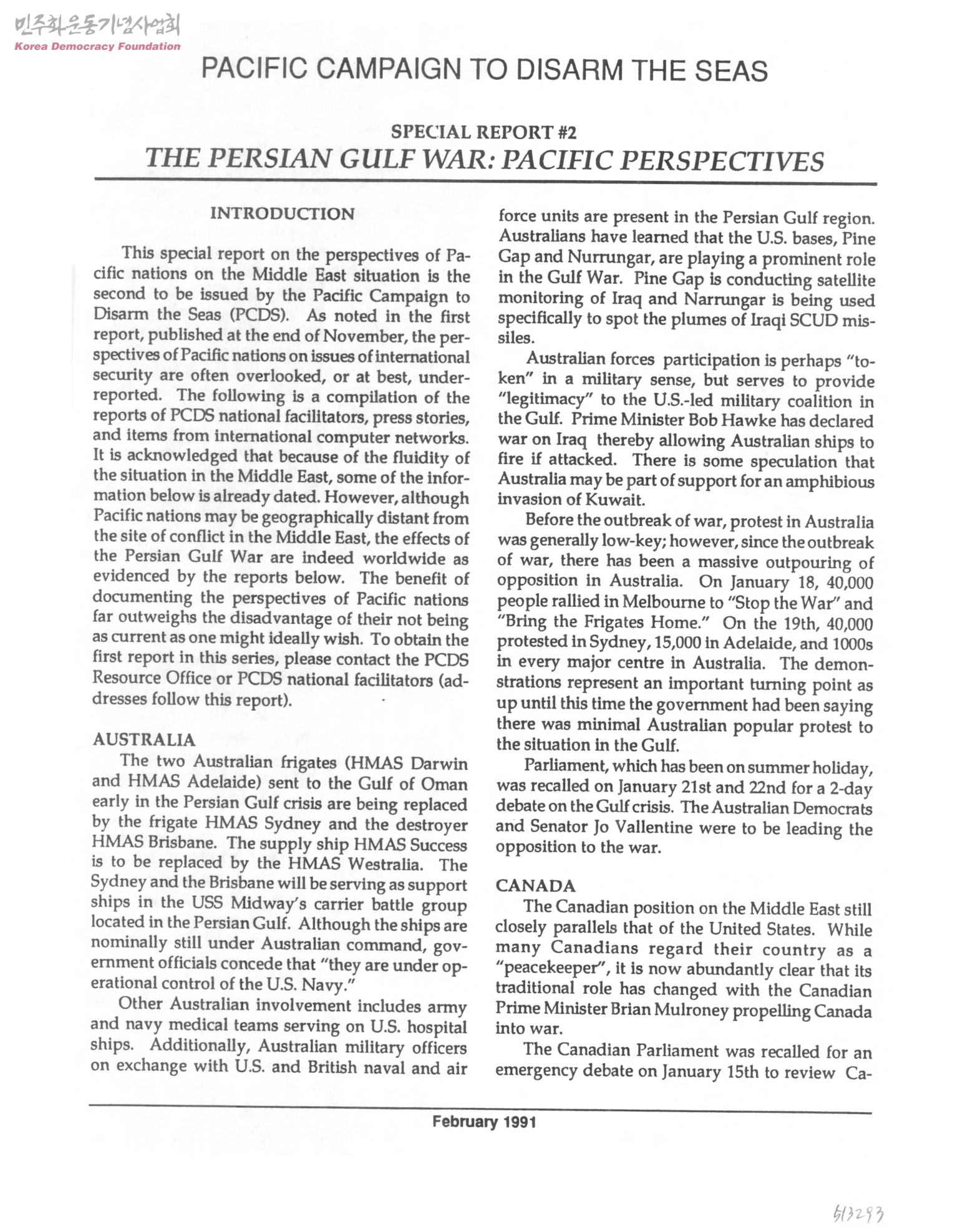 Special Report 2 The Persian Gulf War Pacific Perspectives